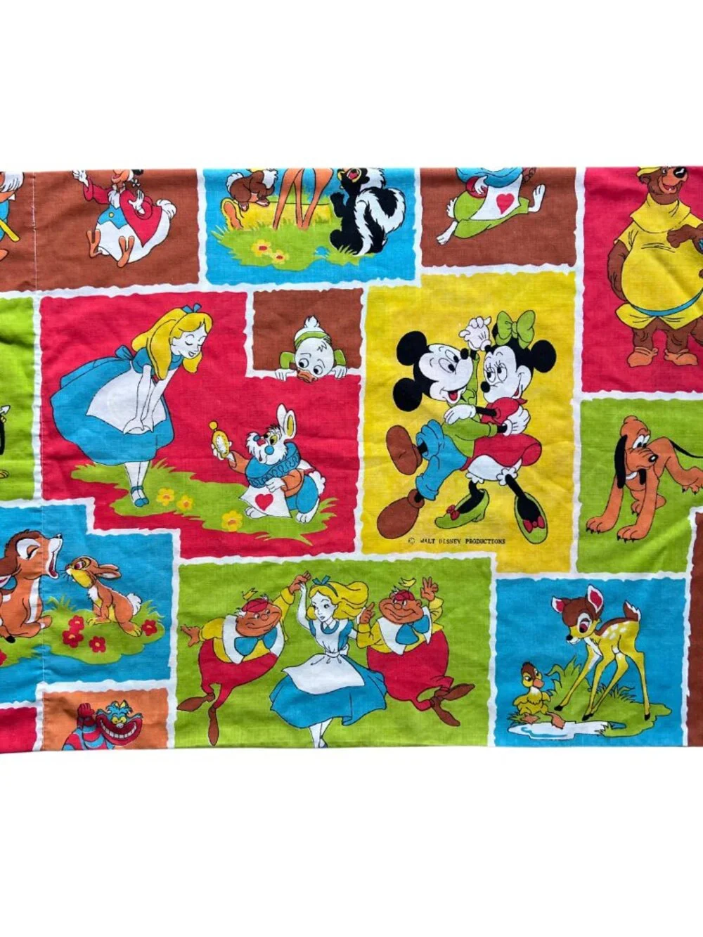 Vintage Disney Pillowcase featuring Alice, Robin Hood, Mickey, Donald, Bambi, Ch